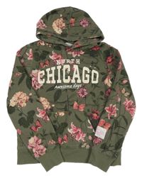 Khaki kvetovaná mikina s nápisom a kapucňou H&M