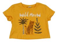 Žlté crop tričko s leopardom a perličkami