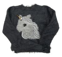 Tmavosivý chlpatý sveter s jednorožcom H&M