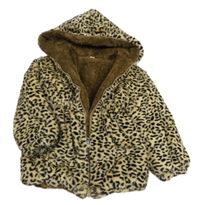 Béžovo-čierna kožušinová zateplená bunda s leopardím vzorom a kapucňou