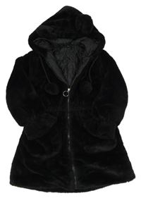 Čierny kožušinový podšitý kabát s kapucňou a bambulemi