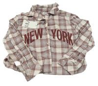 Nové - Vínovo-smotanová kockovaná crop blúzka s nápisom Zara