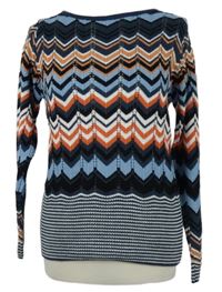 Dámský tmavomodro-oranžový vzorovaný ažurový svetr 