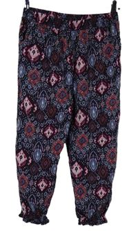Dámske tmavomodro-ružové vzorované capri háremové nohavice