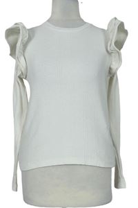 Dámske smotanové rebrované úpletové tričko s volánikmi Zara