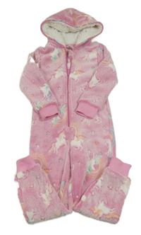 Růžová melírovaná chlupatá kombinéza s jednorožci a kapucí Peacocks