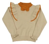 Béžovo-oranžový svetr s mašlí a volánkem 