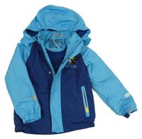 Tmavomodro-modrá šusťáková jarní bunda s monster truckem a kapucí Impidimpi