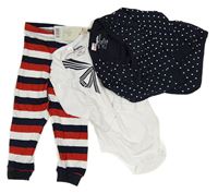 3set - Tmavomodré body+ bílé body + pruhované tepláky Lupilu