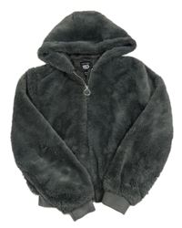 Tmavošedá kožešinová podšitá crop bunda s kapucí New Look