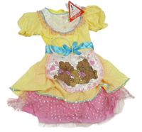 Nové - Kockovaným 2set - Žlto-biele kockované saténové šaty s medvědy + čelenka