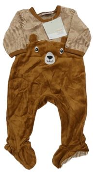 Nové - hnědo-bílý sametový overal s medvídkem a pruhy Ergee