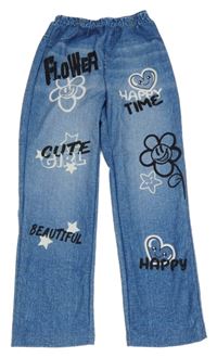 Modré lehké kalhoty riflového vzhledu s obrázkami