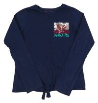 Tmavomodré triko s překlápěcími flitry a uzlem Nutmeg