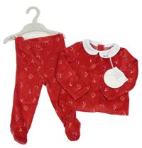 Nové - 2set - Červené sametové triko s kytičkami a límečkem + polodupky  Dunnes