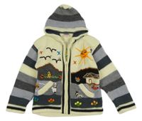 Smetanovo-pruhovaný propínací svetr s obrázky a kapucí 