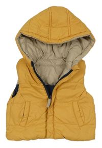 Žlutá šusťáková zateplená oboustranná vesta s kapucí 
