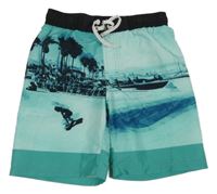 Světlezeleno-čierne plážové kraťasy s palmami