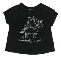 Černé melírované tričko s jednorožcem a kočičkou Tu