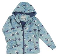 Svetlomodrá army nepromokavá jarná bunda s velrybami a žralokmi a kapucňou lupilu