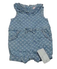 Nové - modrý ľahký rifľový kraťasový overal so srdiečkami a mašlou a volánikmi early days