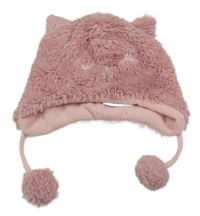 Růžová kožešinová čepice s bambulemi - kočička C&A
