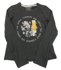 Nové - tmavosivé tričko s kvietkami a nápismi PRIMARK