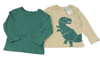 Nové - 2x - Triko - Tmavozelené, béžové s dinosaurom PRIMARK
