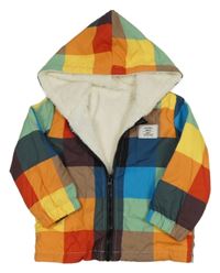 Farebná kockovaná šušťáková zateplená bunda s nášivkou a kapucňou SHEIN