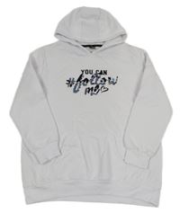 Biela dlhá tepláková mikina s nápisy z překlápěcích flitrů a vreckom a kapucňou Y.F.K.