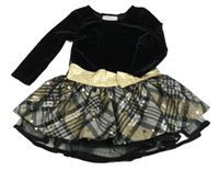 Čierno-zlato-kárované sametovo/tylové šaty s mašlou a bodkami Bonnie Jean