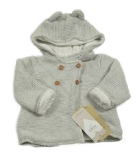 Nové - šedý melírovaný propínací podšitý svetr s kapucí s oušky M&S