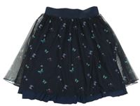 Černo-tmavomodrá tylová sukně s motýlky a květy 