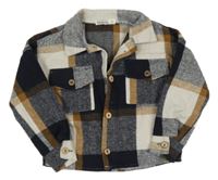 Tmavomodro-hnedo-biela kockovaná košeľová bunda