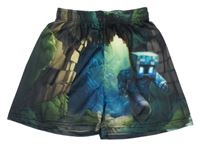 Kaki-zelené športové kraťasy s potiskem Minecraft