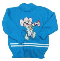 Modrý vlnený sveter s myškou a pruhmi