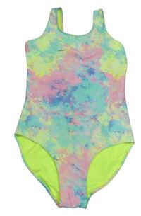 Mátopvo-neonově růžovo-žluté batikované jednodílné plavky H&M