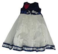 Nové - Tmavomodro-bílé slavnostní šaty s květinami a tylem