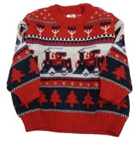 Červeno-bielo-tmavomodrý vzorovaný vlnený sveter s vláčky