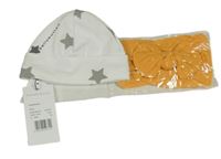 Nové - 2set - Bílá bavlněná čepice s hvězdami + žlutá čelenka s mašlí