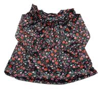 Čierne kvetované plyšové šaty s volánem