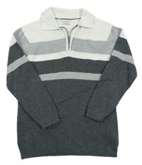Tmavošedo-bílo-šedý polo svetr s pruhy F&F