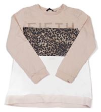 Svetloružová -béžovo-biela mikina s leopardím vzorom a nápisom River Island