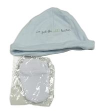 Nové - 2 set - světlemodrá čepice s nápisem + bílé bavlněné rukavice 