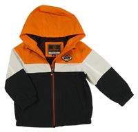 Černo-oranžovo-bílá šusťáková jarní bunda s kapucí 