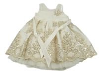 Bílo-zlaté tylové slavnostní šaty s flitry a páskem 