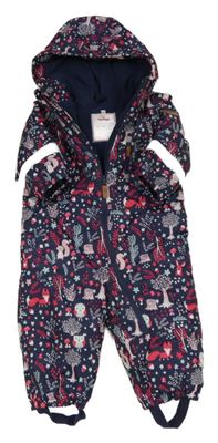 Tmavomodro-růžová šusťáková zimní kombinéza s obrázky a kapucí Topomini