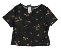 Čierne kvetované sieťované crop tričko New Look