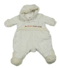 Biela zamatová zateplená kombinéza s nášivkami a kapucňou