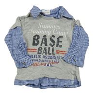 Šedo-modro-bílé triko s kostkovanými košilovými prvky a nápisy Topomini